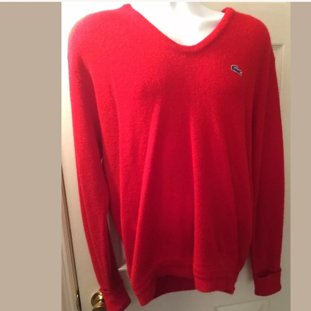 Vintage LACOSTE Red Izod VNeck Sweater Knit Gold Preppy Pullover Holiday Work